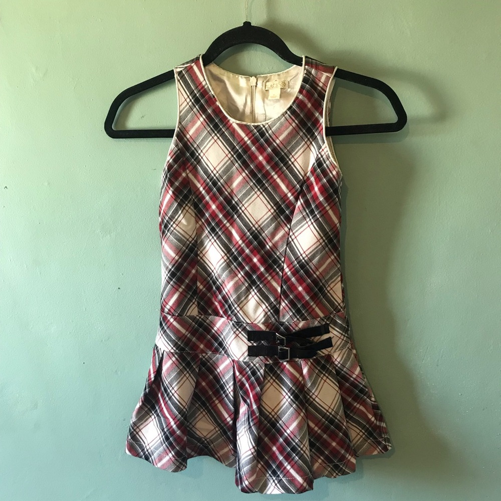 The Children's Place Red Cream Plaid Sleeveless Dress with Black Bow
